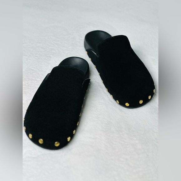 I. Crew Black Suede Slip-On Mules with Gold Studs Size 6.5 - Picture 1 of 8